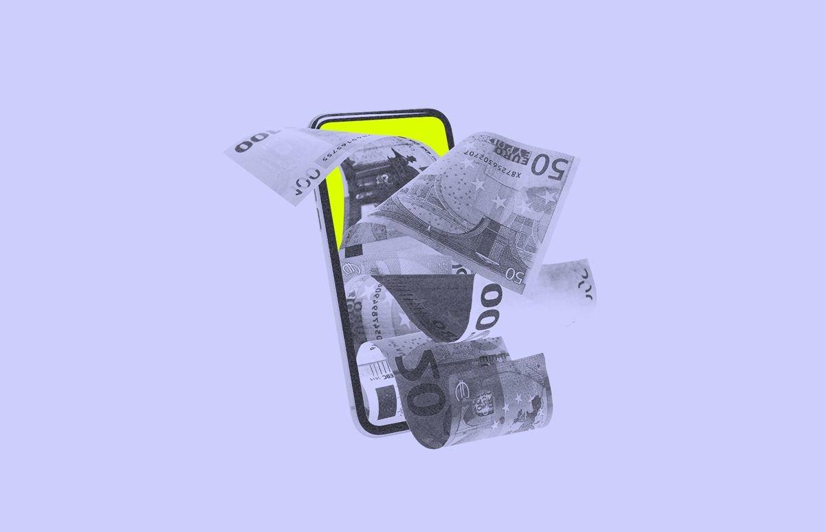 Black and white cut image of a smartphone with a neon yellow screen, bills from various currencies spilling out of it.