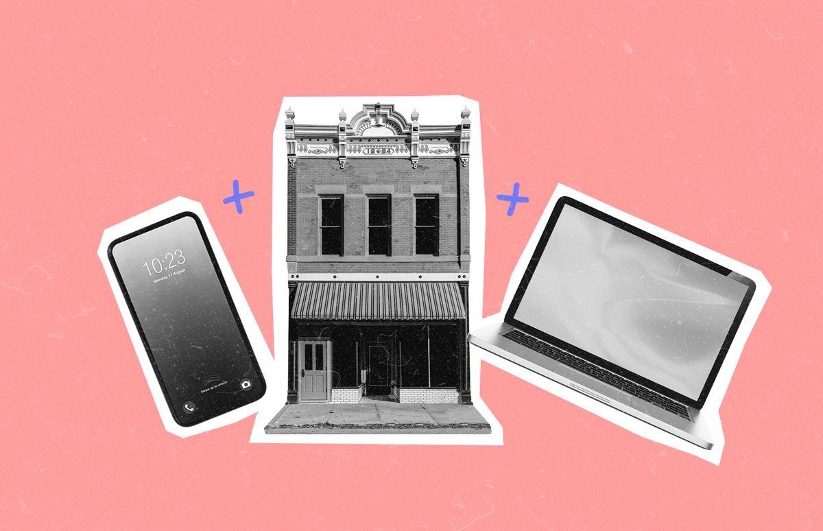 Black and white cut-out image of a smartphone, a mainstreet storefront, and a laptop computer.