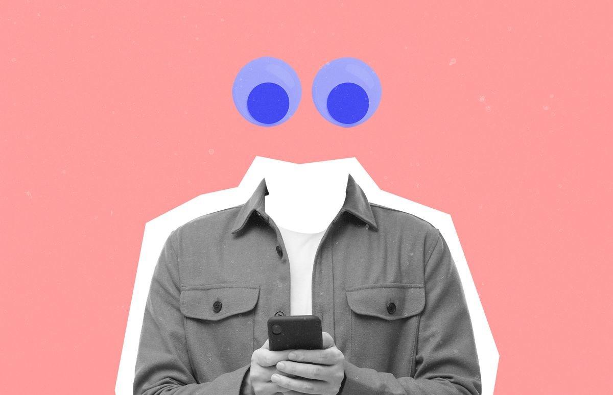 Black and white photo of a headless person holding a smartphone with exaggerated googly eyes where the head should be.