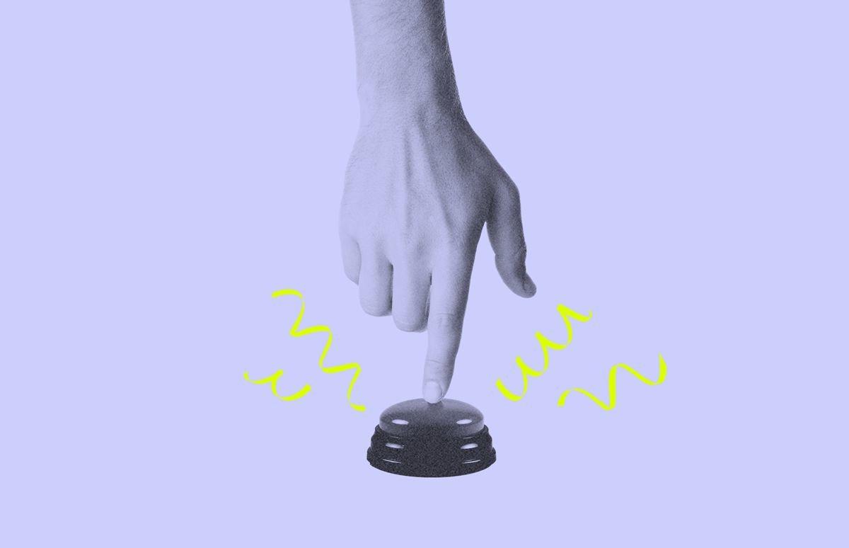 Black and white photo of a hand pressing an oversized button with neon yellow squiggles coming from it.